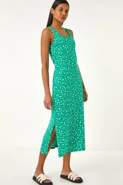 Roman Green Cotton Speckled Print Midi Dress