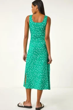 Roman Green Cotton Speckled Print Midi Dress
