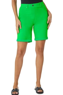 Roman Green Elastic Waist Turn Up Stretch Shorts