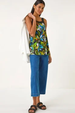 Roman Green Floral Print Cami Stretch Top