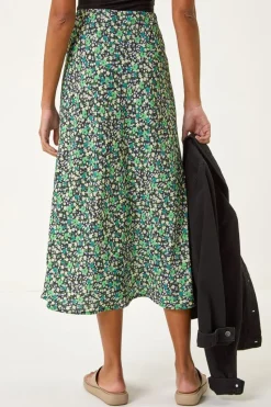 Roman Green Floral Print Elastic Waist Midi Skirt
