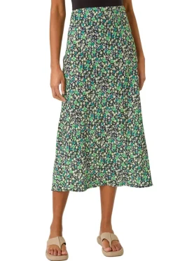 Roman Green Floral Print Elastic Waist Midi Skirt