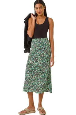 Roman Green Floral Print Elastic Waist Midi Skirt