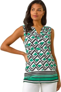 Roman Green Geo Print Border V-Neck Vest