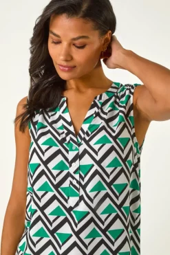 Roman Green Geo Print Border V-Neck Vest