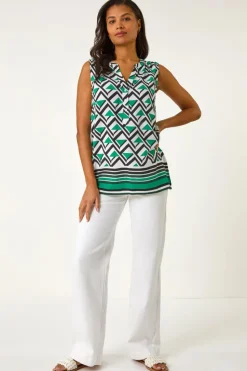 Roman Green Geo Print Border V-Neck Vest