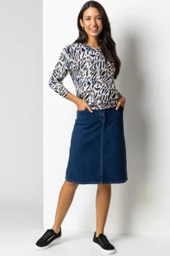 Roman Indigo Cotton Denim Stretch A line Skirt