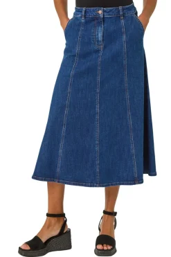 Roman Indigo Cotton Denim Panelled Midi Skirt