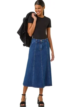 Roman Indigo Cotton Denim Panelled Midi Skirt