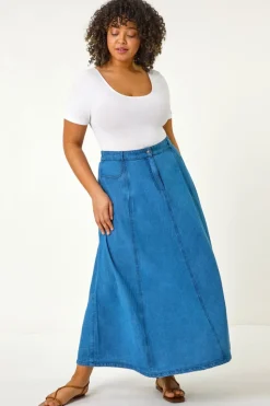 Roman Indigo Curve Cotton Denim Swing Skirt