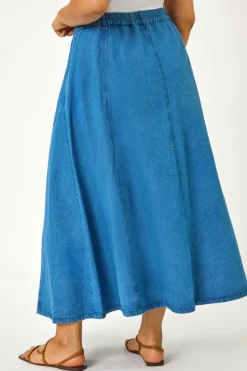 Roman Indigo Curve Cotton Denim Swing Skirt