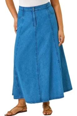 Roman Indigo Curve Cotton Denim Swing Skirt