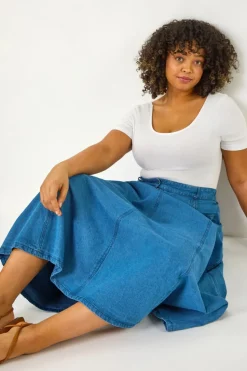 Roman Indigo Curve Cotton Denim Swing Skirt