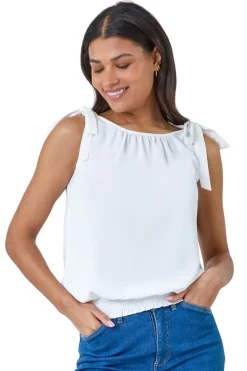 Roman Ivory Bow Detail Shirred Hem Top