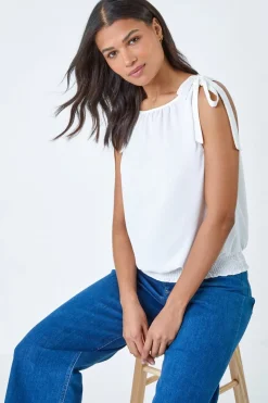 Roman Ivory Bow Detail Shirred Hem Top