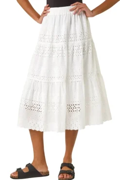 Roman Ivory Broderie Cotton A Line Midi Skirt