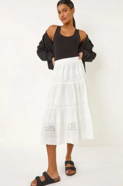 Roman Ivory Broderie Cotton A Line Midi Skirt