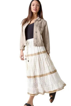 Roman Ivory Broderie Cotton Tiered Maxi Skirt