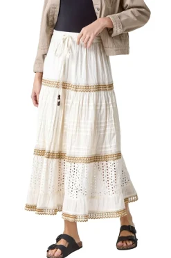 Roman Ivory Broderie Cotton Tiered Maxi Skirt
