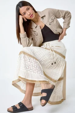 Roman Ivory Broderie Cotton Tiered Maxi Skirt