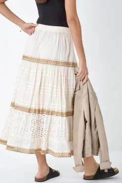 Roman Ivory Broderie Cotton Tiered Maxi Skirt