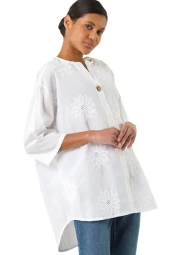 Roman Ivory Cotton Floral Embroidered Tunic Top