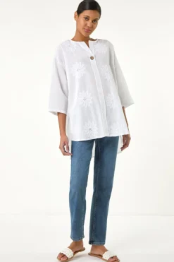 Roman Ivory Cotton Floral Embroidered Tunic Top