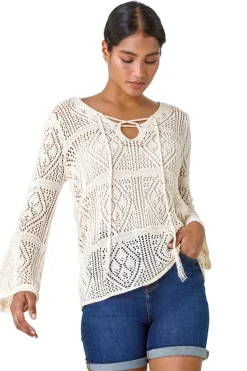 Roman Ivory Crochet Tie Front  V-Neck Tunic Top