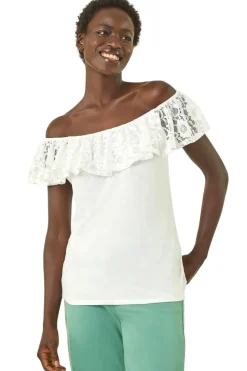 Roman Ivory Lace Trim Bardot Top