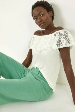 Roman Ivory Lace Trim Bardot Top