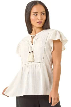 Roman Ivory Petite Embroidered Tassel Tie Top
