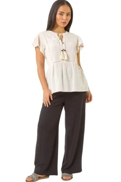 Roman Ivory Petite Embroidered Tassel Tie Top