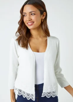 Roman Ivory Scalloped Lace Trim Knitted Shrug