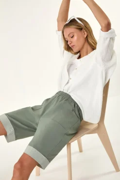 Roman Khaki Bengaline Turn Up Stripe Shorts