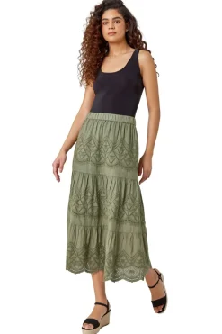 Roman Khaki Broderie Elastic Waist A Line Tiered Midi Skirt