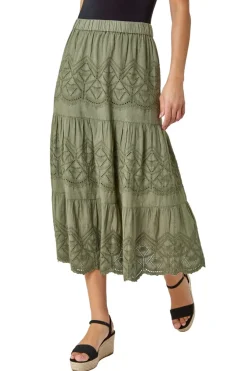 Roman Khaki Broderie Elastic Waist A Line Tiered Midi Skirt