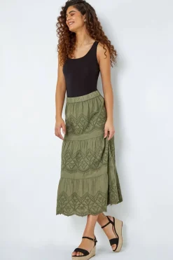 Roman Khaki Broderie Elastic Waist A Line Tiered Midi Skirt