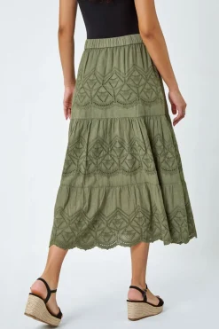Roman Khaki Broderie Elastic Waist A Line Tiered Midi Skirt
