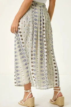 Roman Khaki Petite Metallic Print Tie Front Skirt