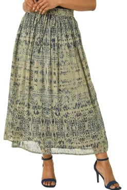 Roman Khaki Petite Metallic Print Tie Front Skirt