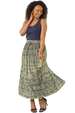 Roman Khaki Petite Metallic Print Tie Front Skirt