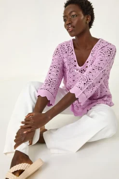 Roman Lavender Crochet Scallop Edge Knit Tunic