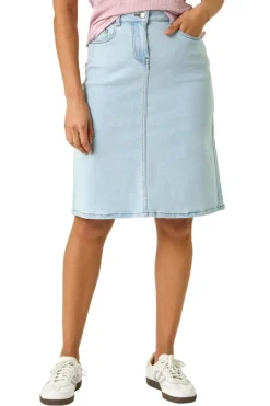 Roman Light Blue Cotton Denim Stretch A line Skirt