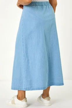 Roman Light Blue Curve Button Through Denim Skirt