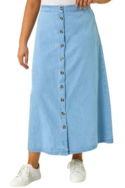 Roman Light Blue Curve Button Through Denim Skirt