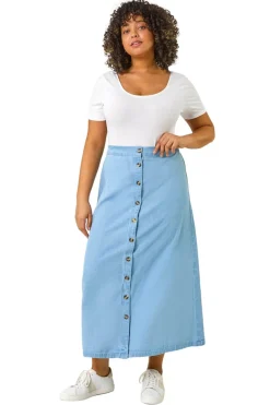 Roman Light Blue Curve Button Through Denim Skirt