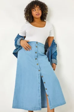 Roman Light Blue Curve Button Through Denim Skirt