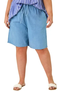 Roman Light Blue Curve Tie Waist Denim Short