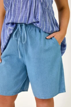 Roman Light Blue Curve Tie Waist Denim Short