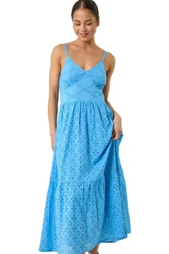 Roman Light Blue Petite Broderie Strappy Maxi Dress